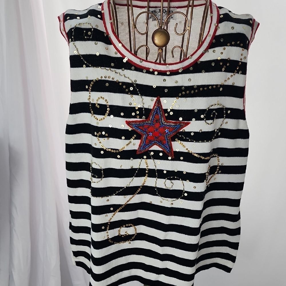 Nautical Patriotic Sleeveless Sweater Beaded Sequined Scrolls Stripes Star XL